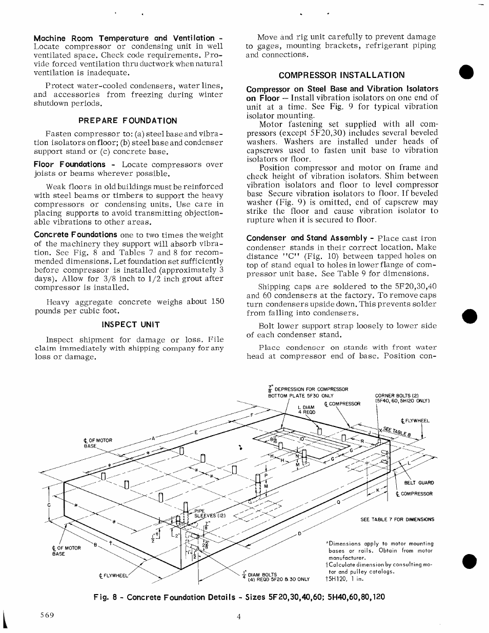 Machine room temperature and ventilation, Prepare foundation, Inspect unit | Compressor installation | Carrier 5H User Manual | Page 4 / 11