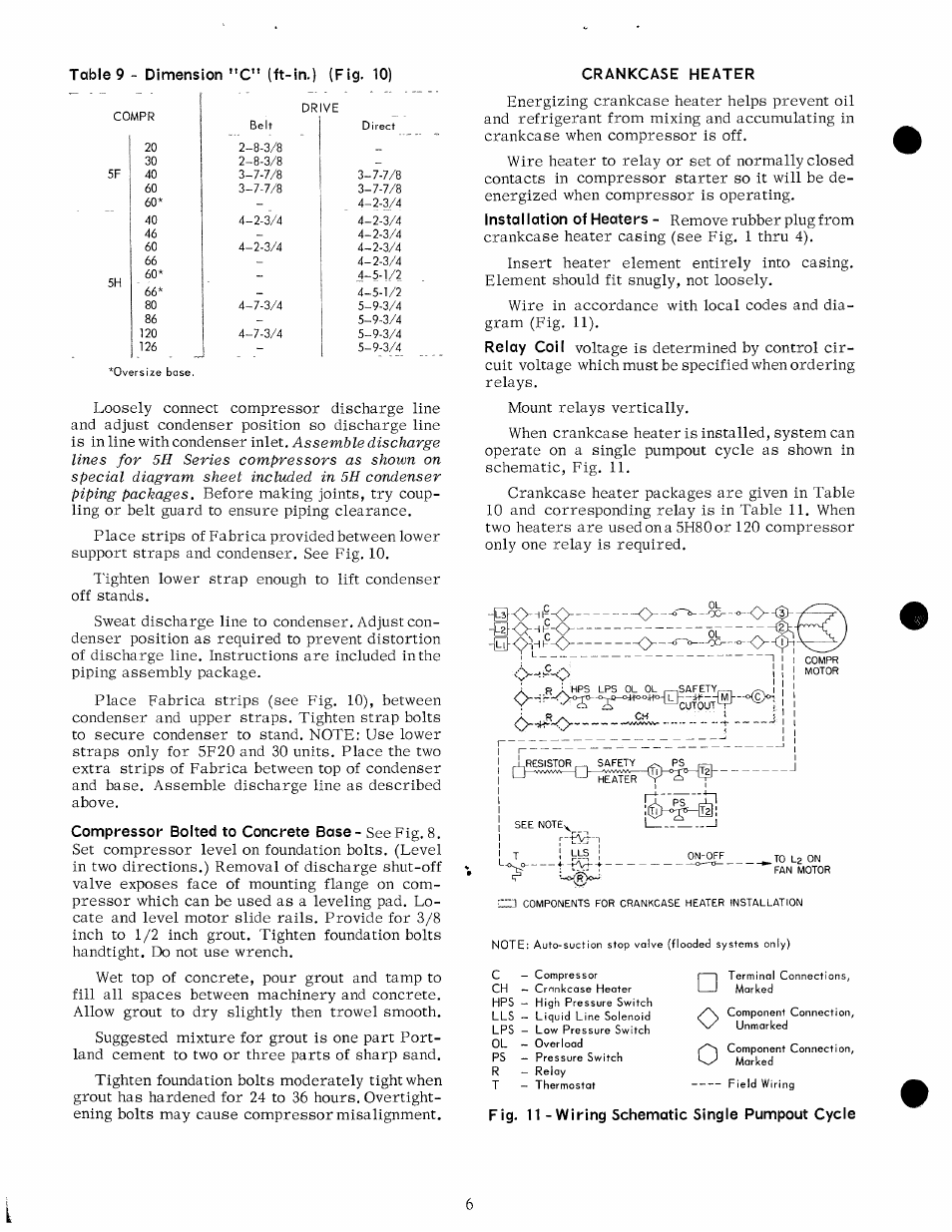 Compressor bolted to concrete base - see fig. 8, Fig. 11 - wiring schematic single pumpout cycle | Carrier 5H User Manual | Page 6 / 11