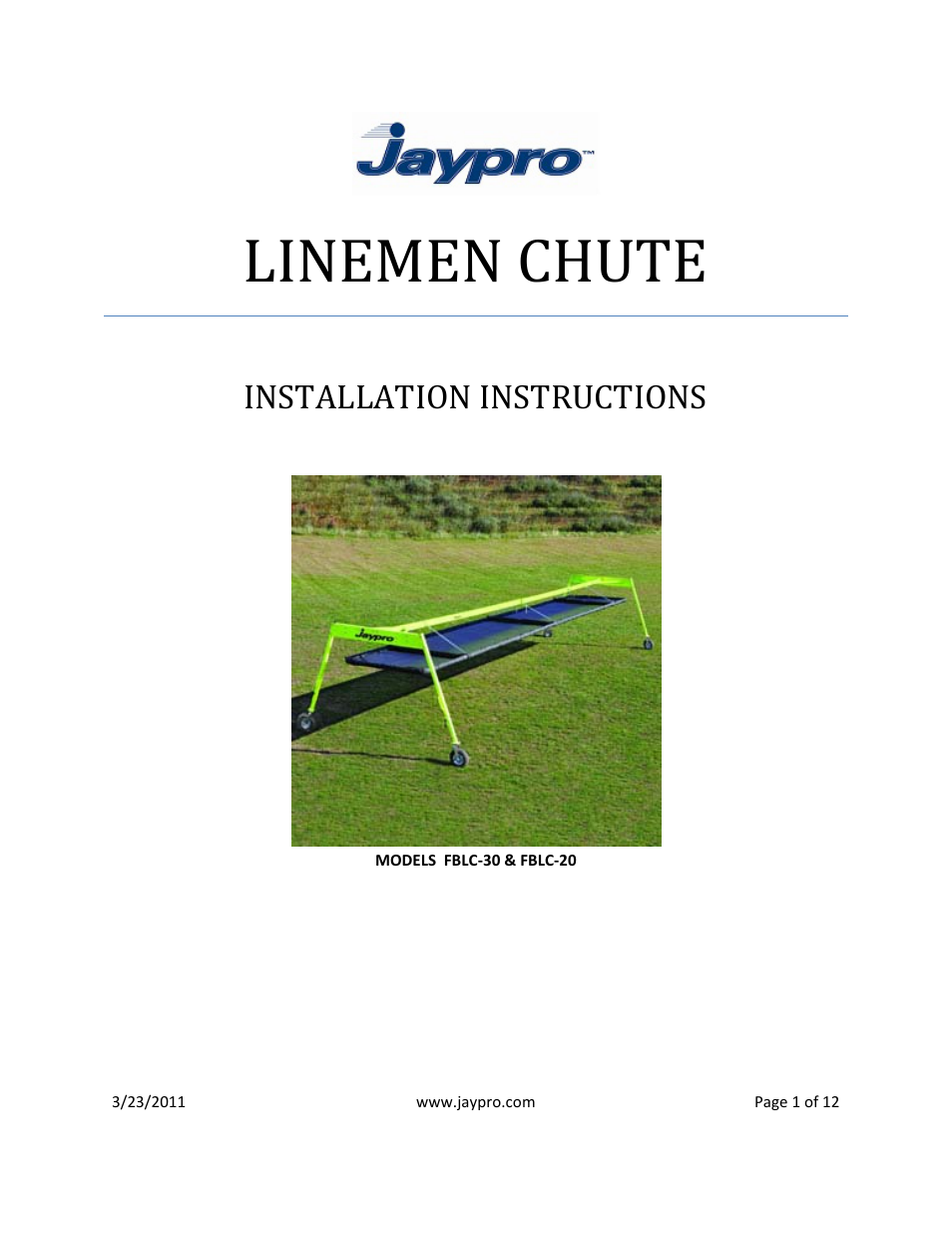 Jaypro Sports FBLC-30 User Manual | 12 pages