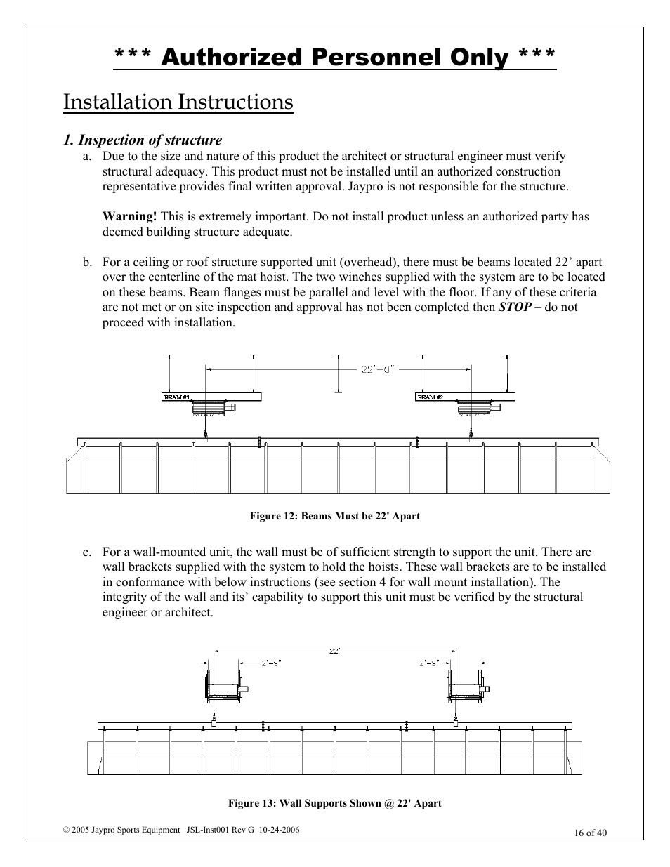 Authorized personnel only, Installation instructions | Jaypro Sports MHWM-D-A User Manual | Page 16 / 40
