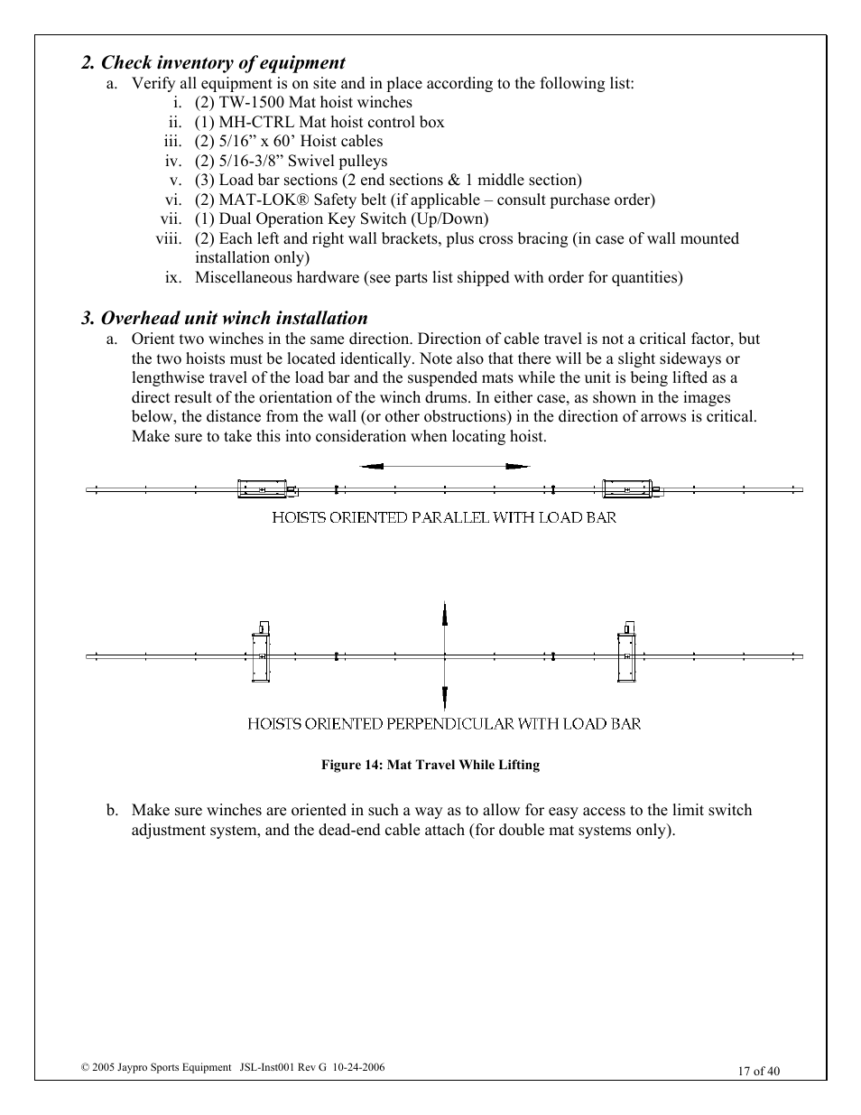 Check inventory of equipment, Overhead unit winch installation | Jaypro Sports MHWM-D-A User Manual | Page 17 / 40
