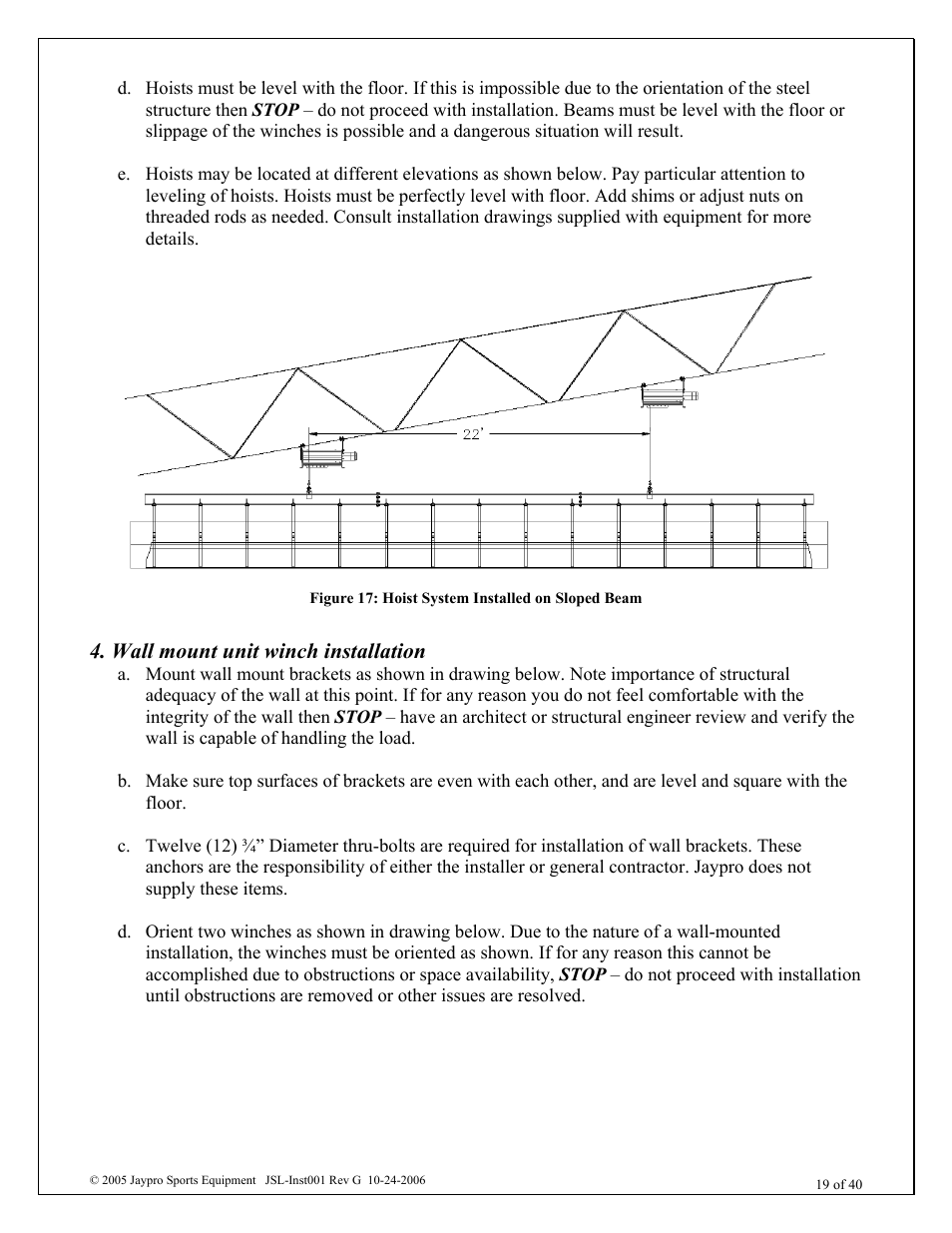 Wall mount unit winch installation | Jaypro Sports MHWM-D-A User Manual | Page 19 / 40