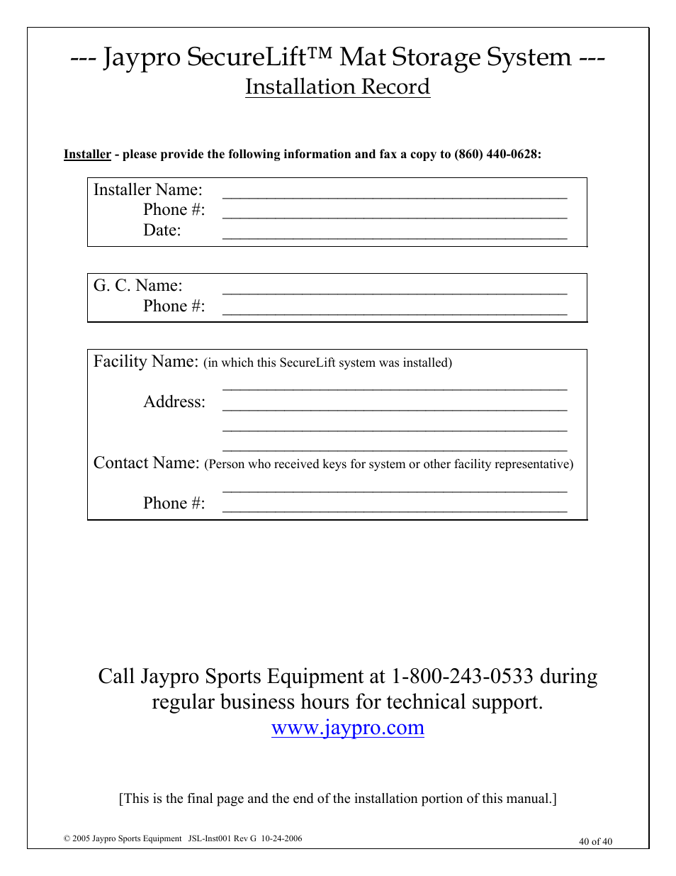Jaypro securelift™ mat storage system, Installation record | Jaypro Sports MHWM-D-A User Manual | Page 40 / 40