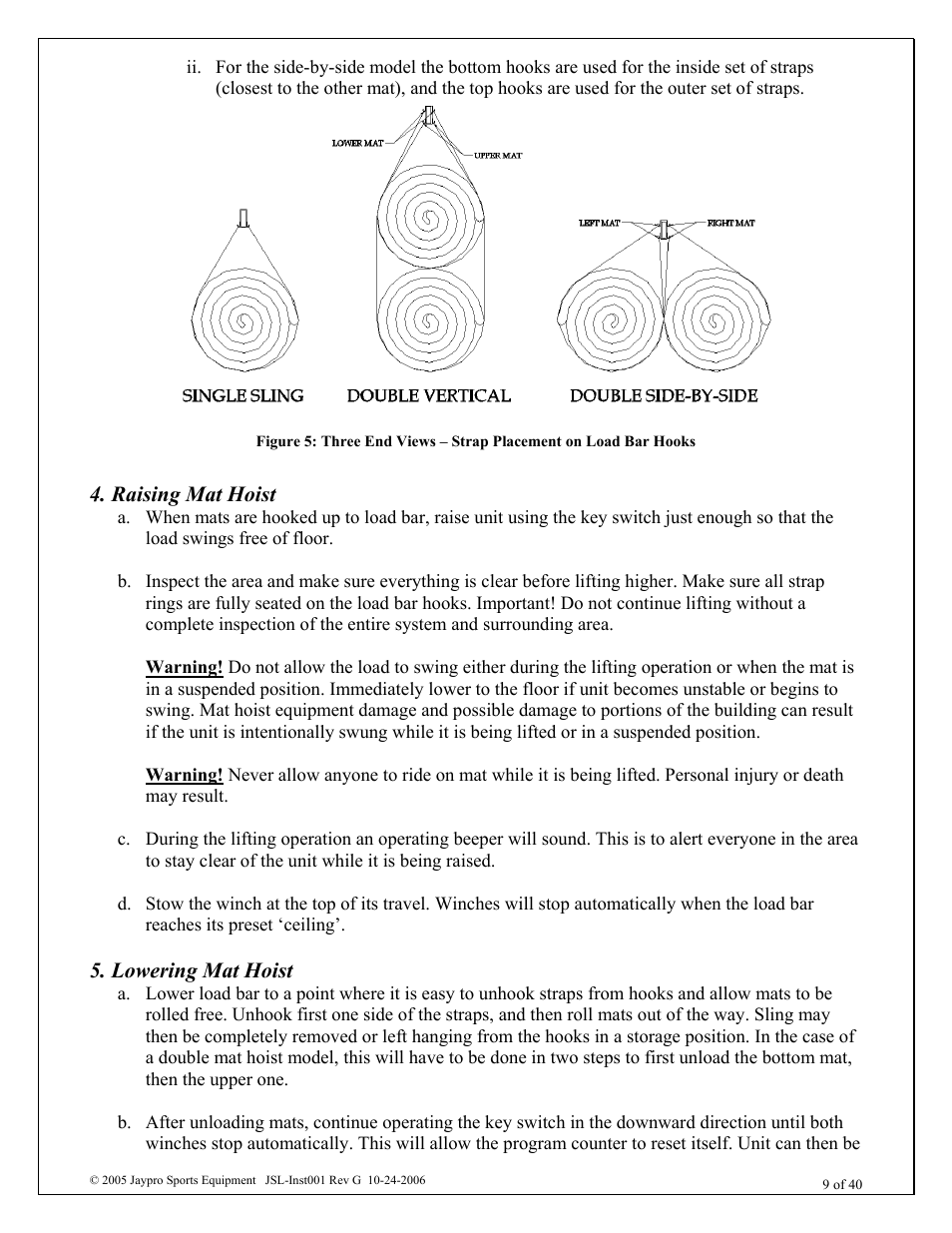 Raising mat hoist, Lowering mat hoist | Jaypro Sports MHWM-D-A User Manual | Page 9 / 40