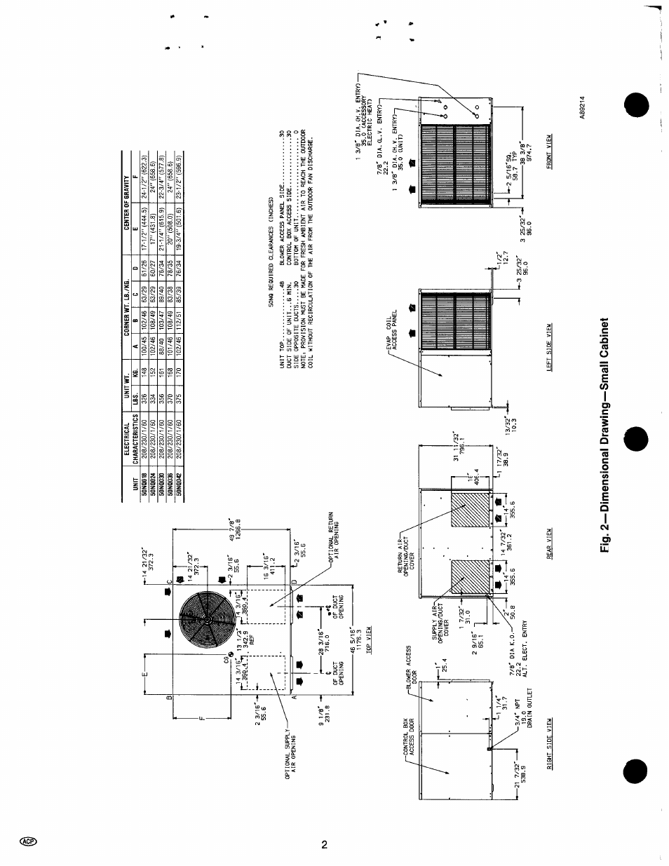 Fig. 2—dimensional drawing—small cabinet | Carrier 50NQ User Manual | Page 2 / 16