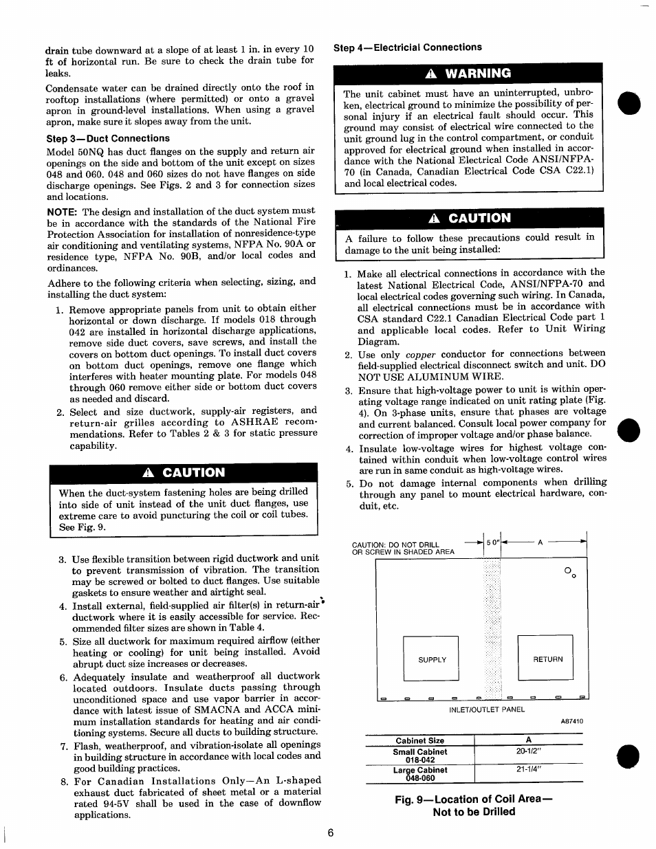 A caution, A warning, Fig. 9—location of coii area- not to be drilied | Carrier 50NQ User Manual | Page 6 / 16