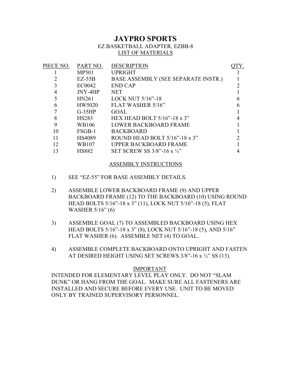 Jaypro sports | Jaypro Sports EZBB-8 User Manual | Page 2 / 2