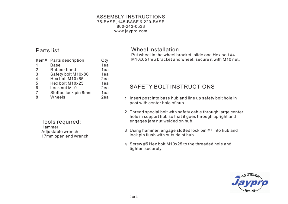 Parts list, Wheel installation, Tools required | Safety bolt instructions | Jaypro Sports MP-521R User Manual | Page 3 / 4