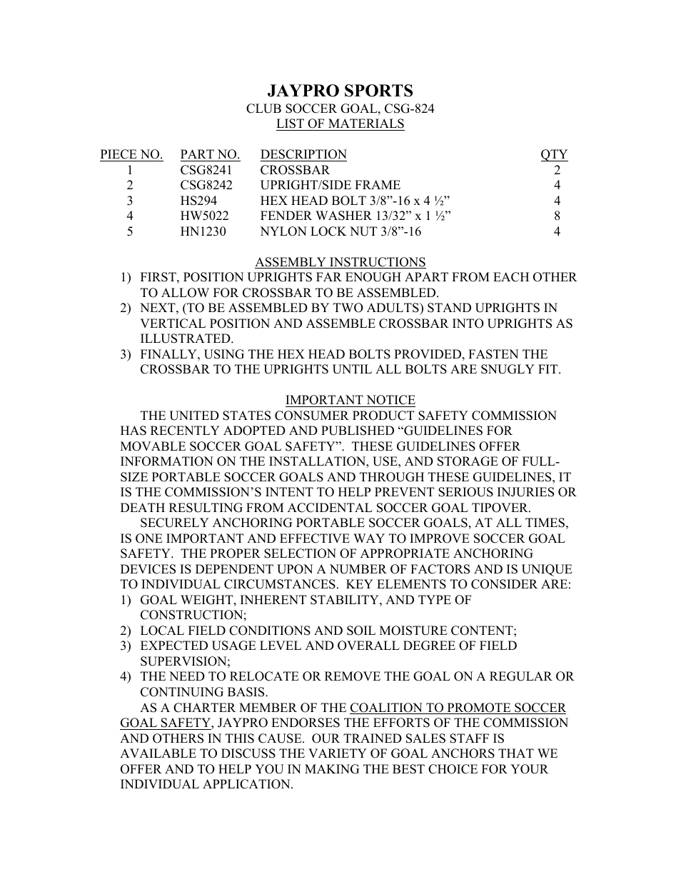 Jaypro sports | Jaypro Sports CSG-824 User Manual | Page 2 / 2