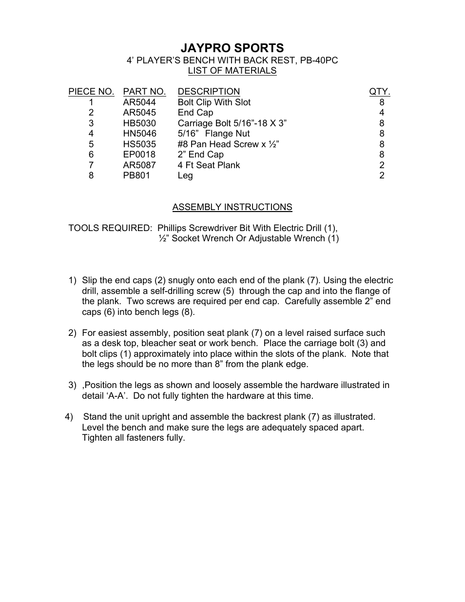 Jaypro sports | Jaypro Sports PB40PC User Manual | Page 2 / 2