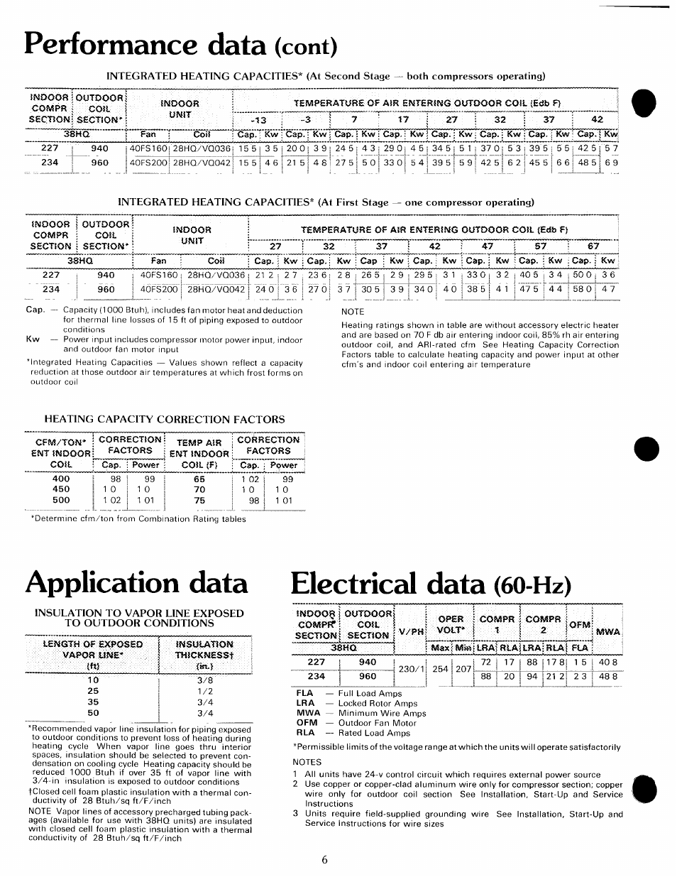 Performance data (cont), Application data electrical data (60-hz), Performance data | Application data electrical data, Cont) | Carrier WEATHERMASTER 38HQ User Manual | Page 6 / 8