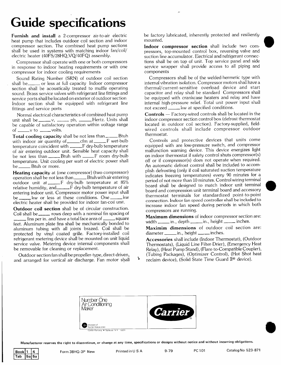 Guide specifications, Number one air ctonditbning | Carrier WEATHERMASTER 38HQ User Manual | Page 8 / 8