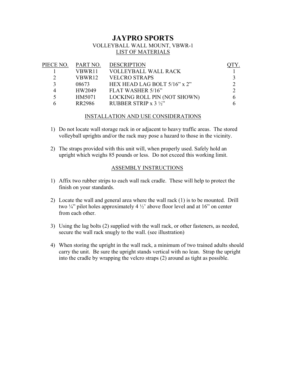 Jaypro sports | Jaypro Sports VBWR-1 User Manual | Page 2 / 2