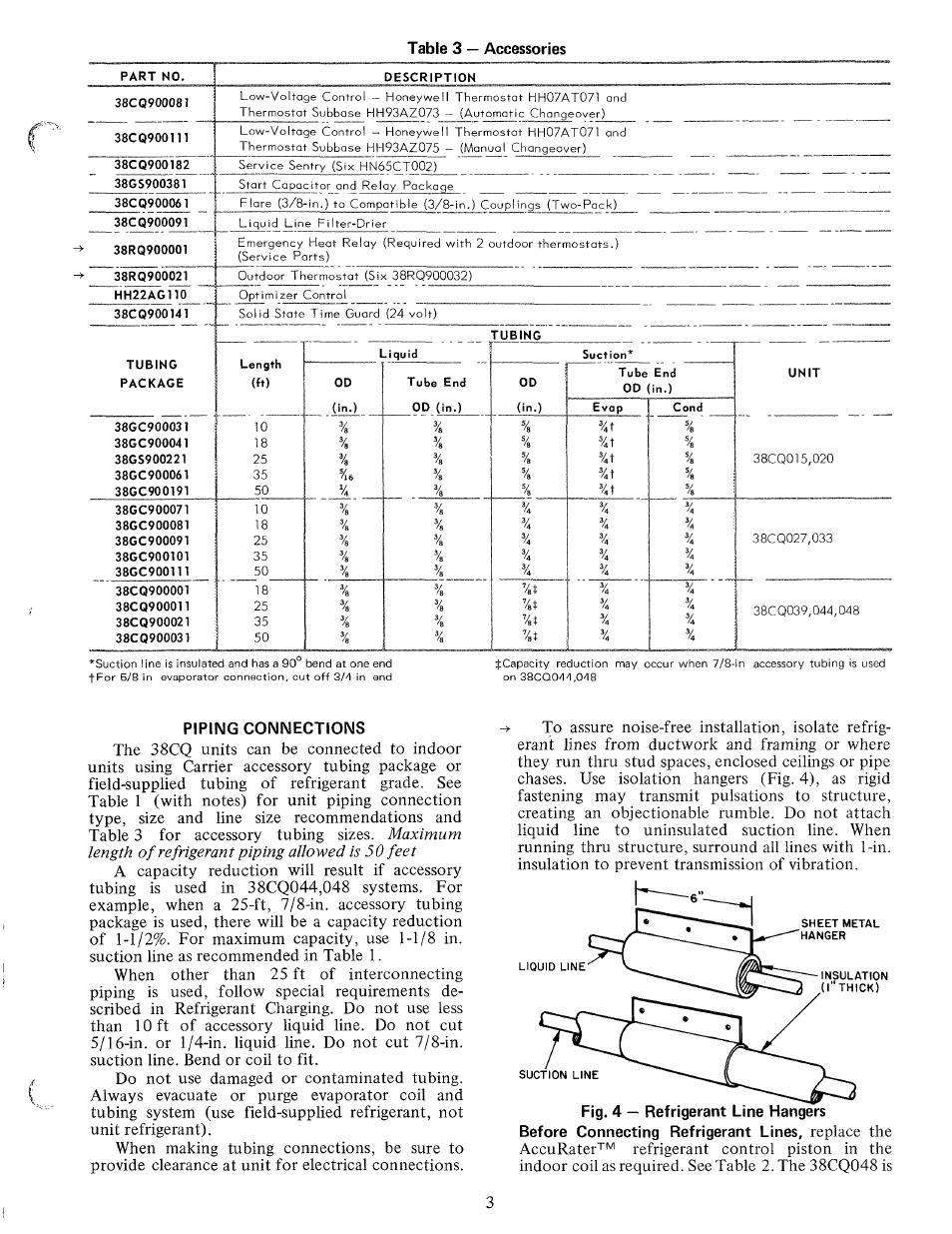 Table 3 — accessories, Piping connections, Before connecting refrigerant lines | Carrier 38CQ User Manual | Page 3 / 20
