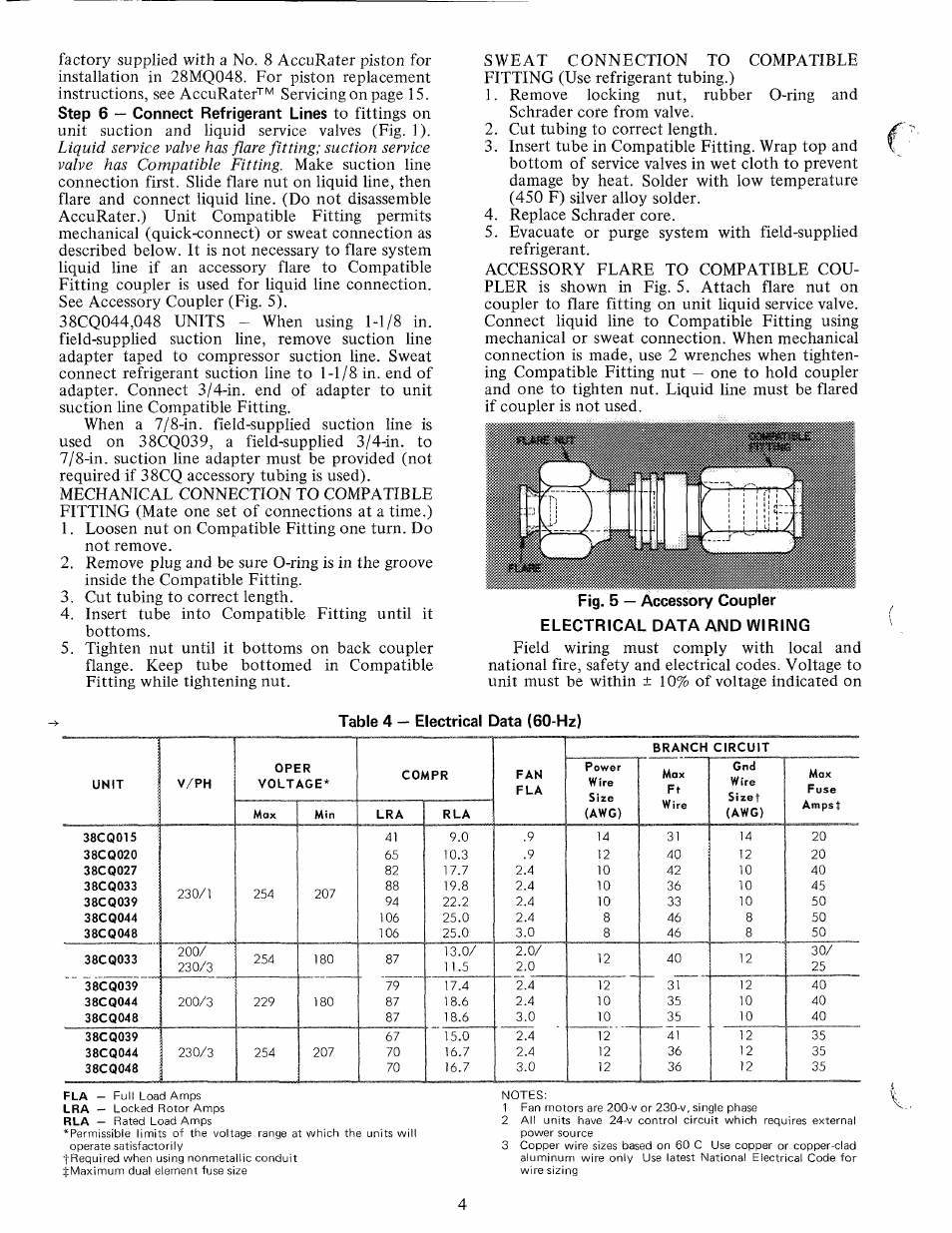 Electrical data and wiring, Rubber 0-ring and 2, Step 6 — connect refrigerant lines | Table 4 — electrical data (60-hz) | Carrier 38CQ User Manual | Page 4 / 20