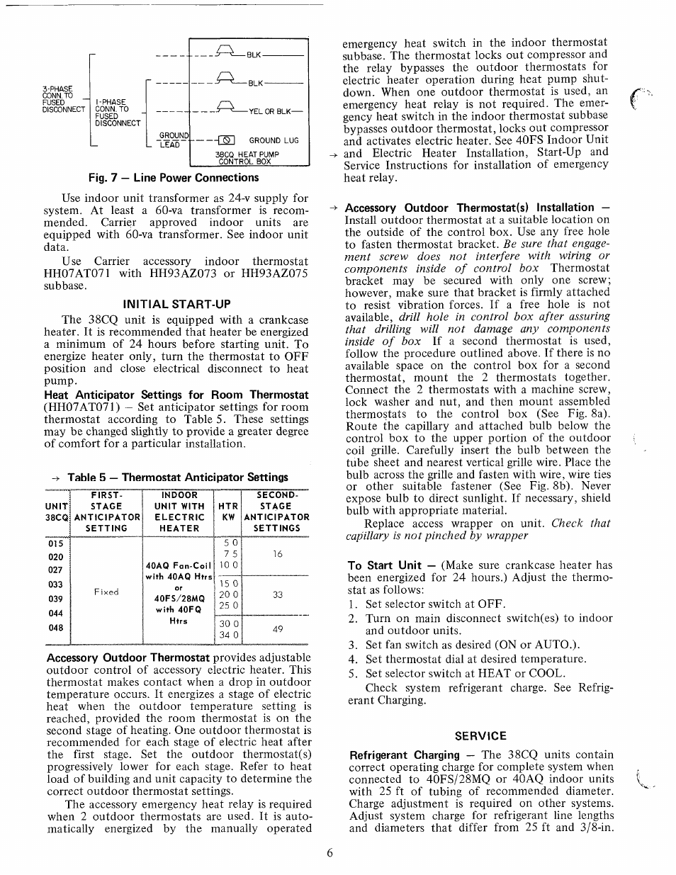 Fig. 7 — line power connections, Iwitial start-up, Accessory outdoor thermostat(s) installation | Service | Carrier 38CQ User Manual | Page 6 / 20