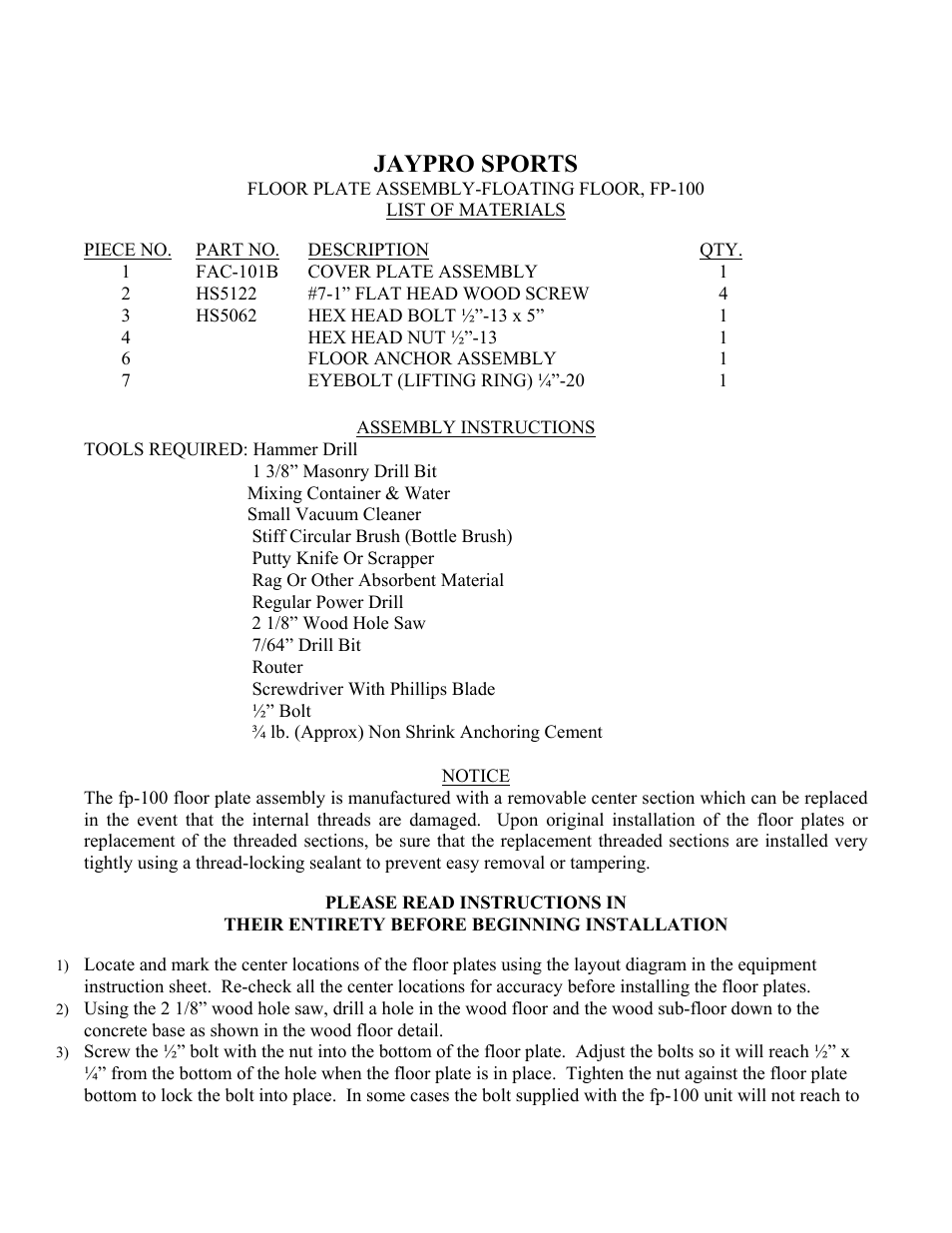 Jaypro sports, Floor plate assembly-floating floor, fp-100, List of materials | 1fac-101bcover plate assembly 1, Assembly instructions, Tools required: hammer drill, Notice, Please read instructions in | Jaypro Sports FP-100 User Manual | Page 3 / 4