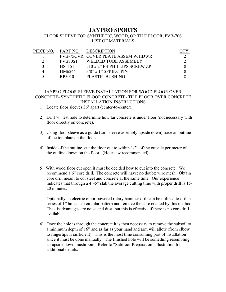 Jaypro sports | Jaypro Sports PVB-70S User Manual | Page 6 / 9