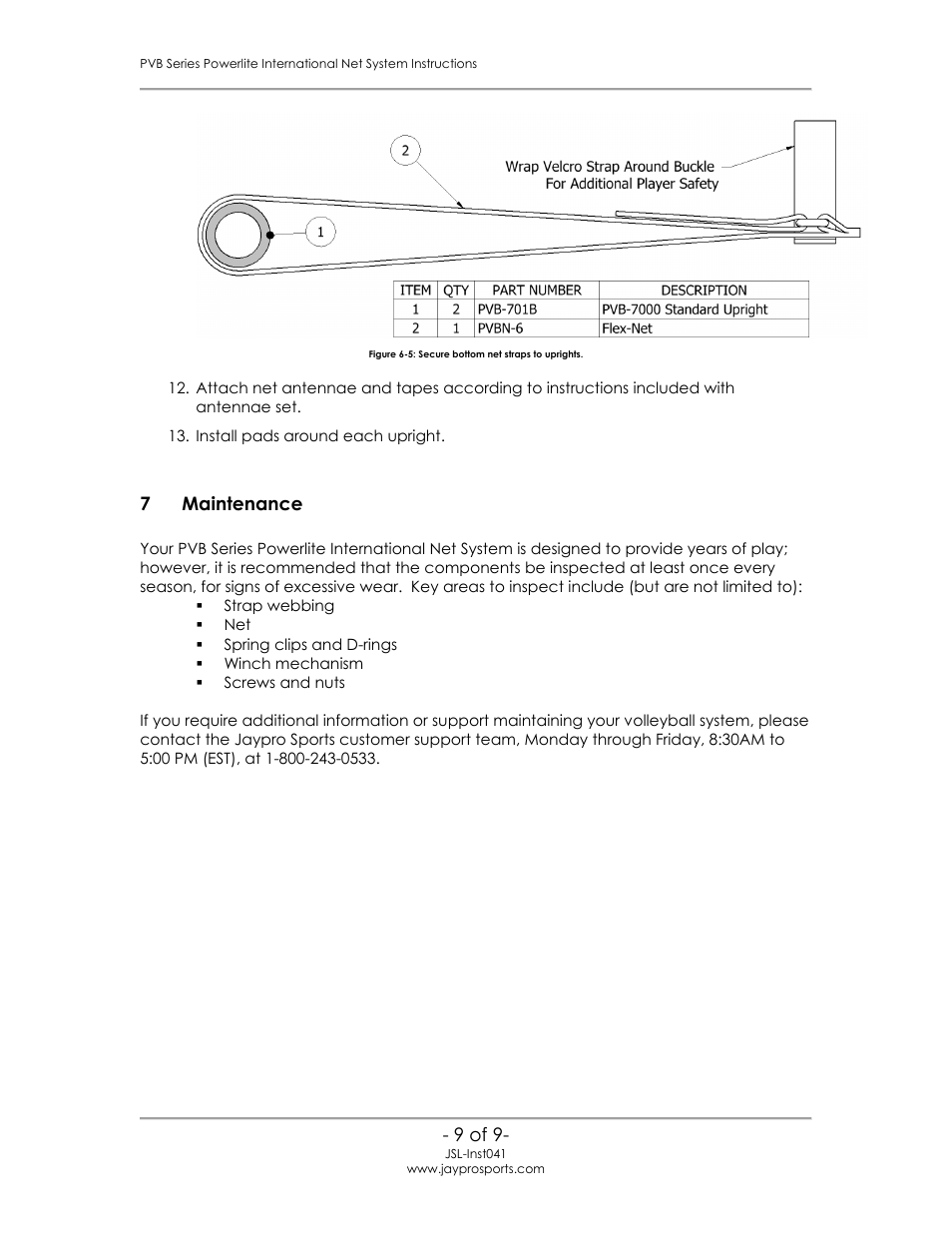 Maintenance | Jaypro Sports PVB-6500 User Manual | Page 10 / 10