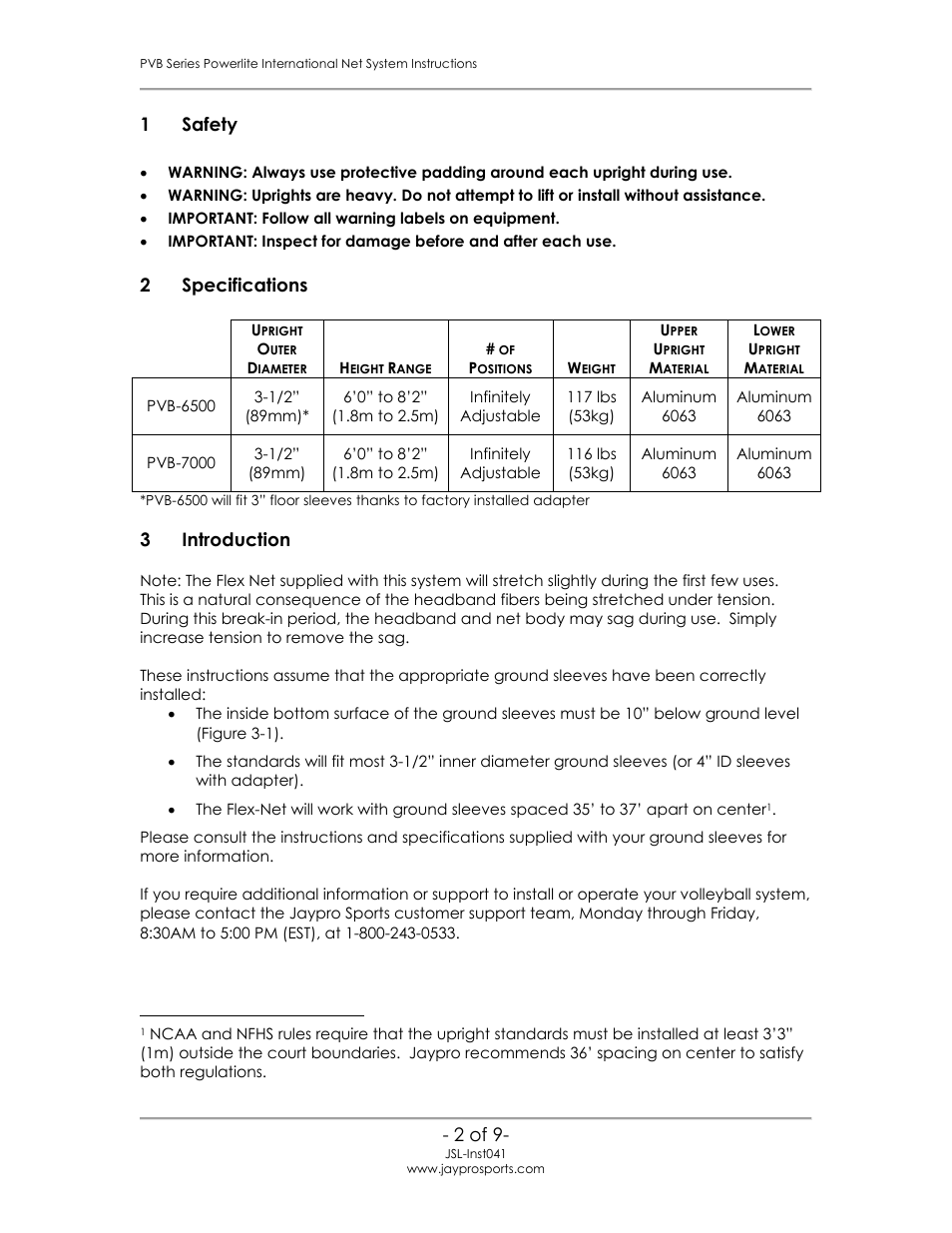 Safety, Specifications, Introduction | Jaypro Sports PVB-6500 User Manual | Page 3 / 10