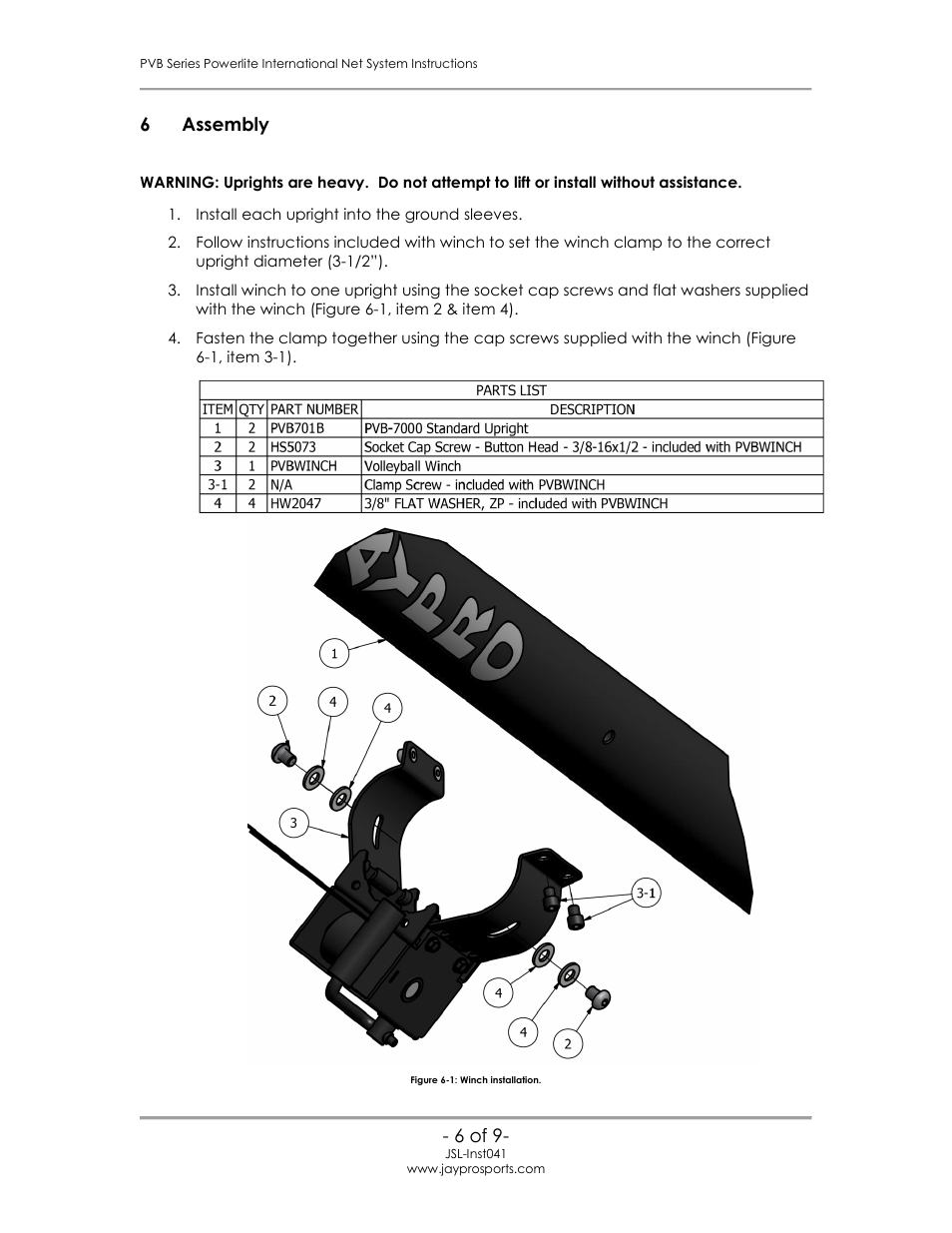 Assembly | Jaypro Sports PVB-6500 User Manual | Page 7 / 10