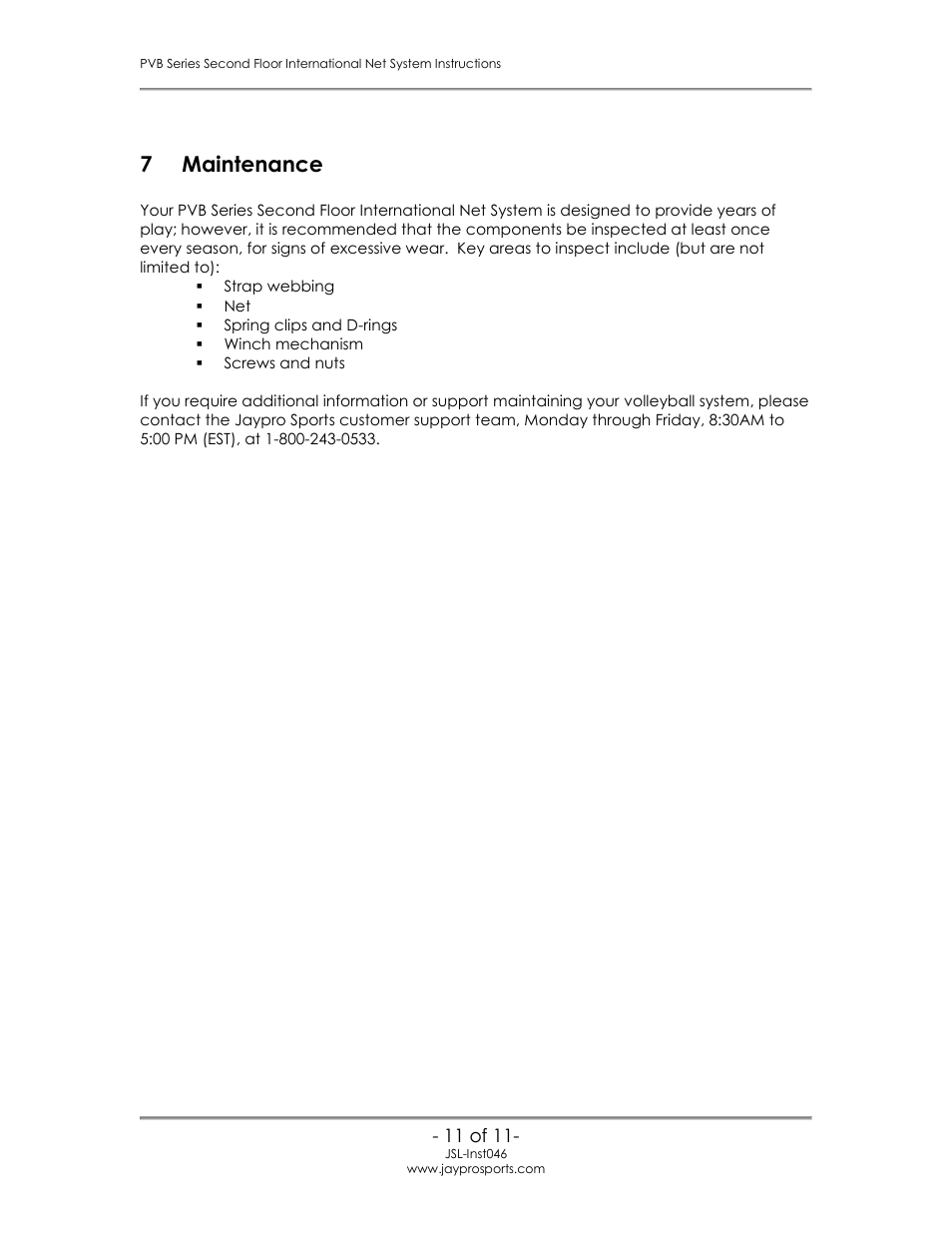 Maintenance, 7 maintenance | Jaypro Sports PVB-2500 User Manual | Page 12 / 12