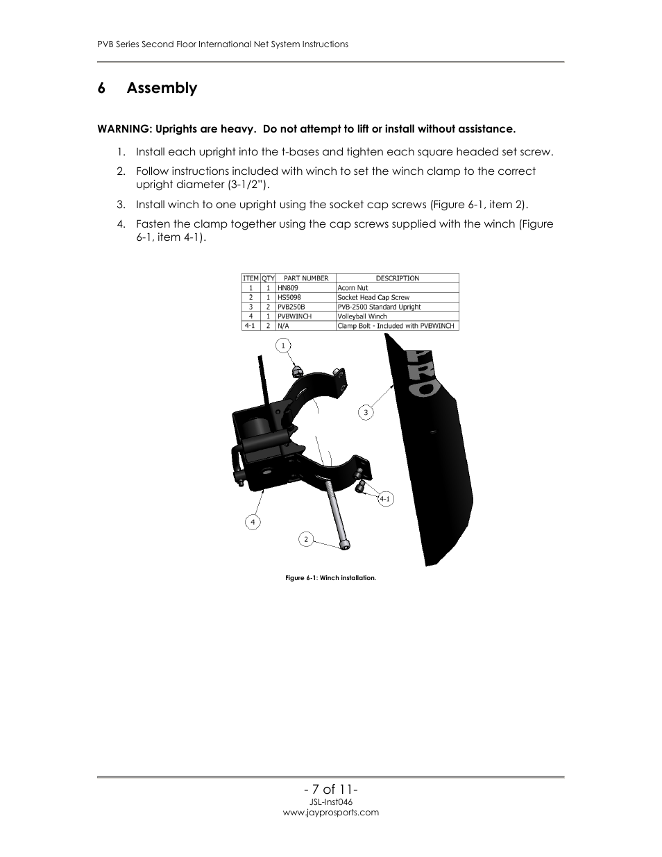 Assembly, 6 assembly | Jaypro Sports PVB-2500 User Manual | Page 8 / 12