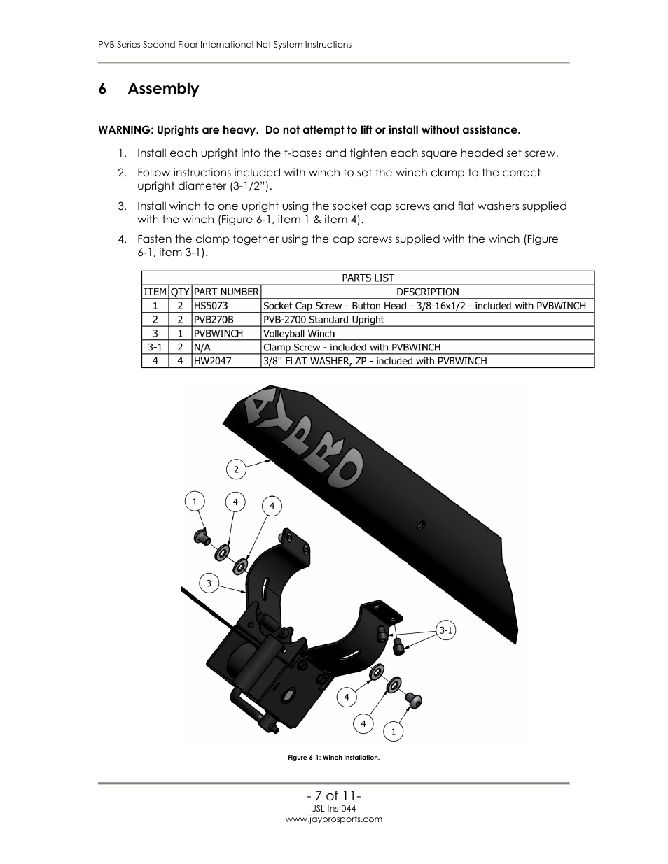 Assembly, 6 assembly | Jaypro Sports PVB-2700 User Manual | Page 8 / 12