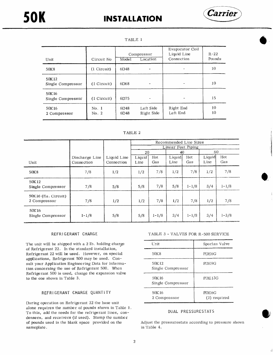 Carrier, Installation | Carrier 50K User Manual | Page 2 / 19
