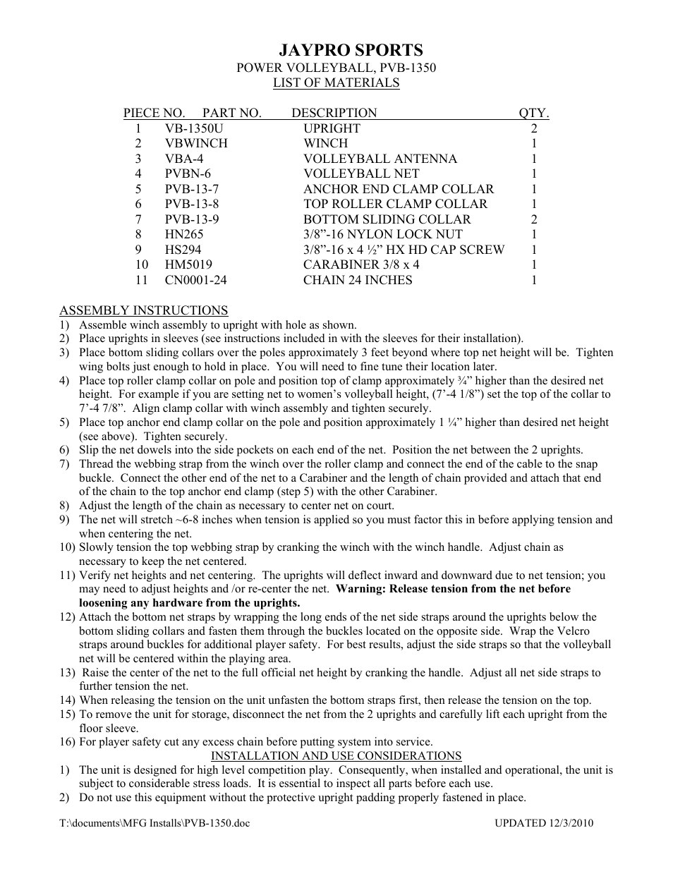 Jaypro sports | Jaypro Sports PVB-1350 User Manual | Page 2 / 5
