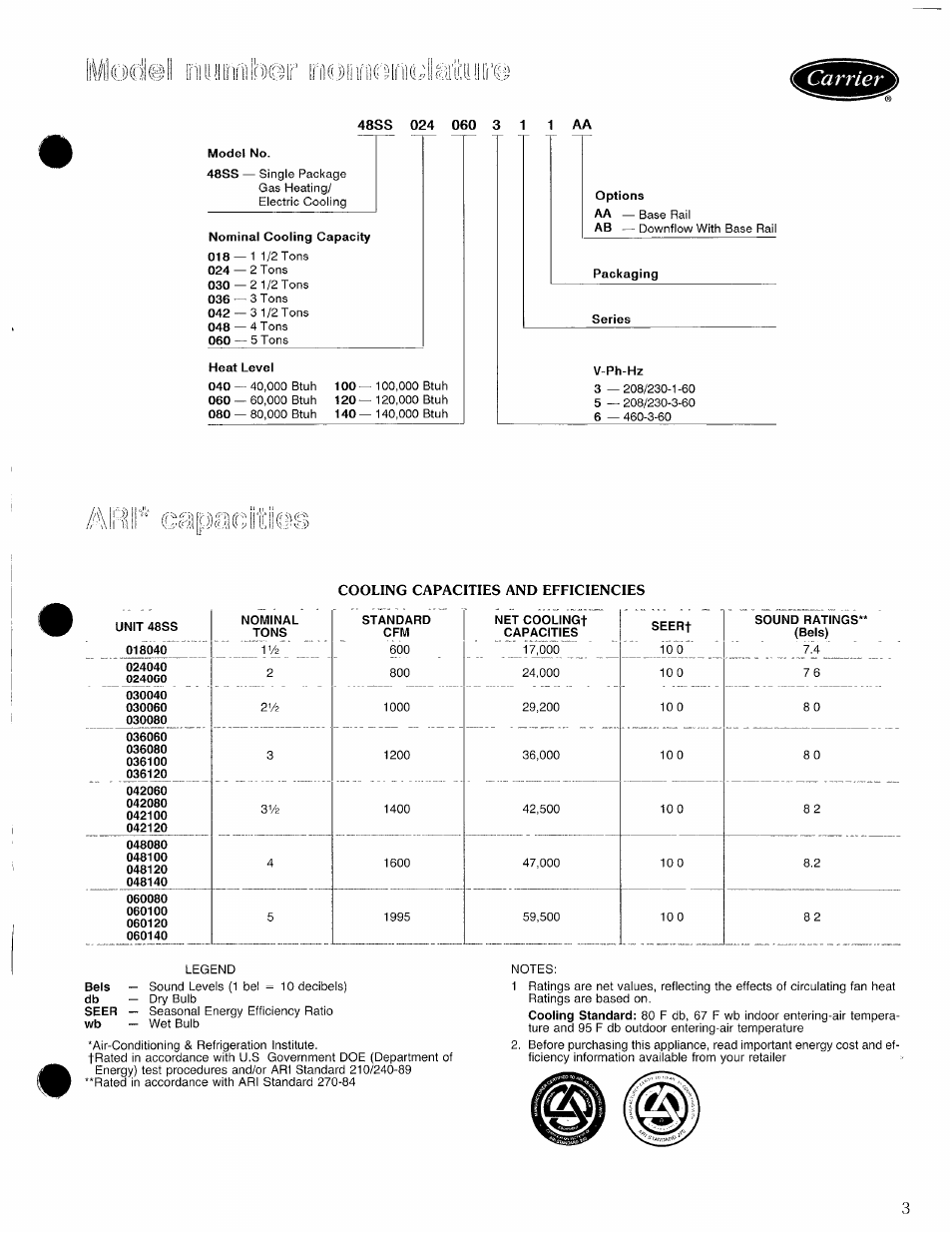 Iliì]i5l 1, Cooling capacities and efficiencies | Carrier 48SS User Manual | Page 3 / 27