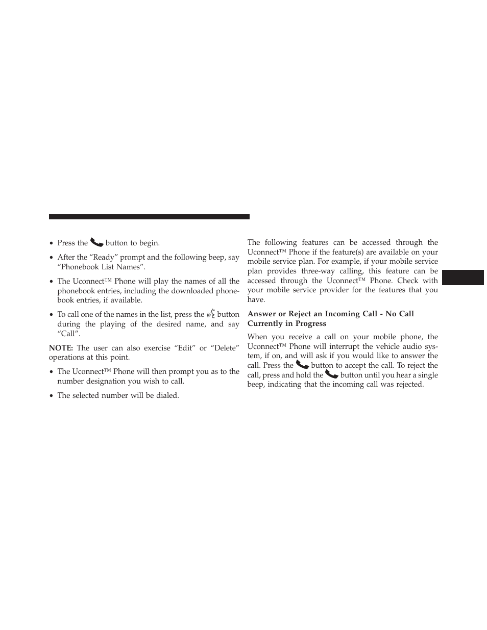 List all names in the uconnect™ phonebook, Phone call features | Jeep 2013 Wrangler User Manual | Page 127 / 655