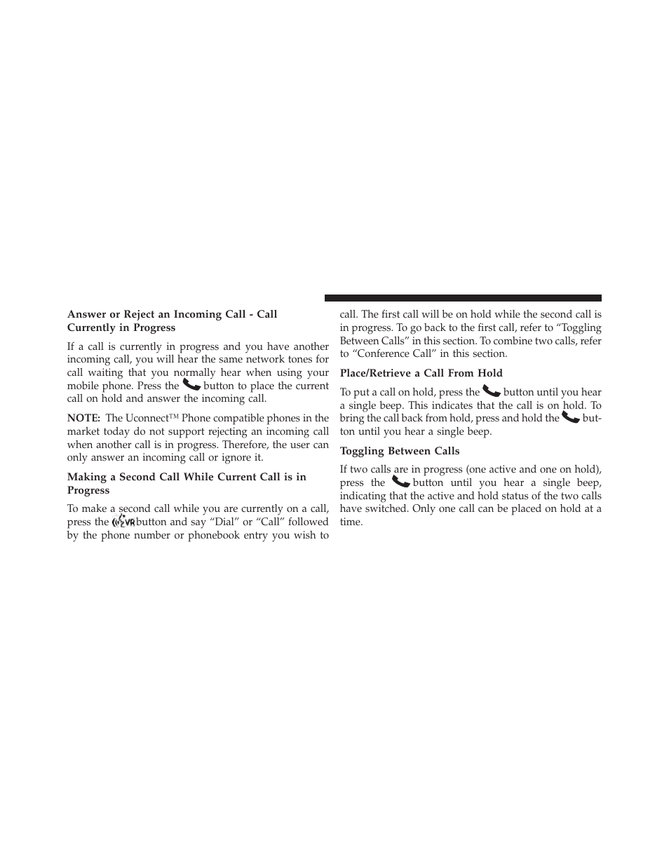 Place/retrieve a call from hold, Toggling between calls | Jeep 2013 Wrangler User Manual | Page 128 / 655