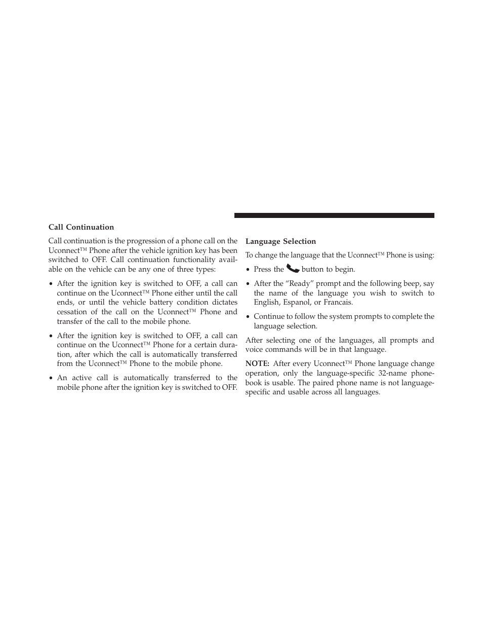 Call continuation, Uconnect™ phone features, Language selection | Jeep 2013 Wrangler User Manual | Page 130 / 655