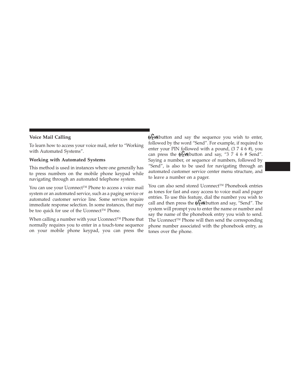 Voice mail calling, Working with automated systems | Jeep 2013 Wrangler User Manual | Page 133 / 655