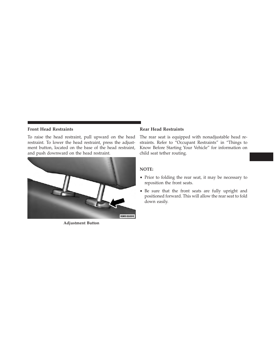 Front head restraints, Rear head restraints, Fold and tumble rear seat — two-door models | Fold and tumble rear seat, Two-door models | Jeep 2013 Wrangler User Manual | Page 163 / 655