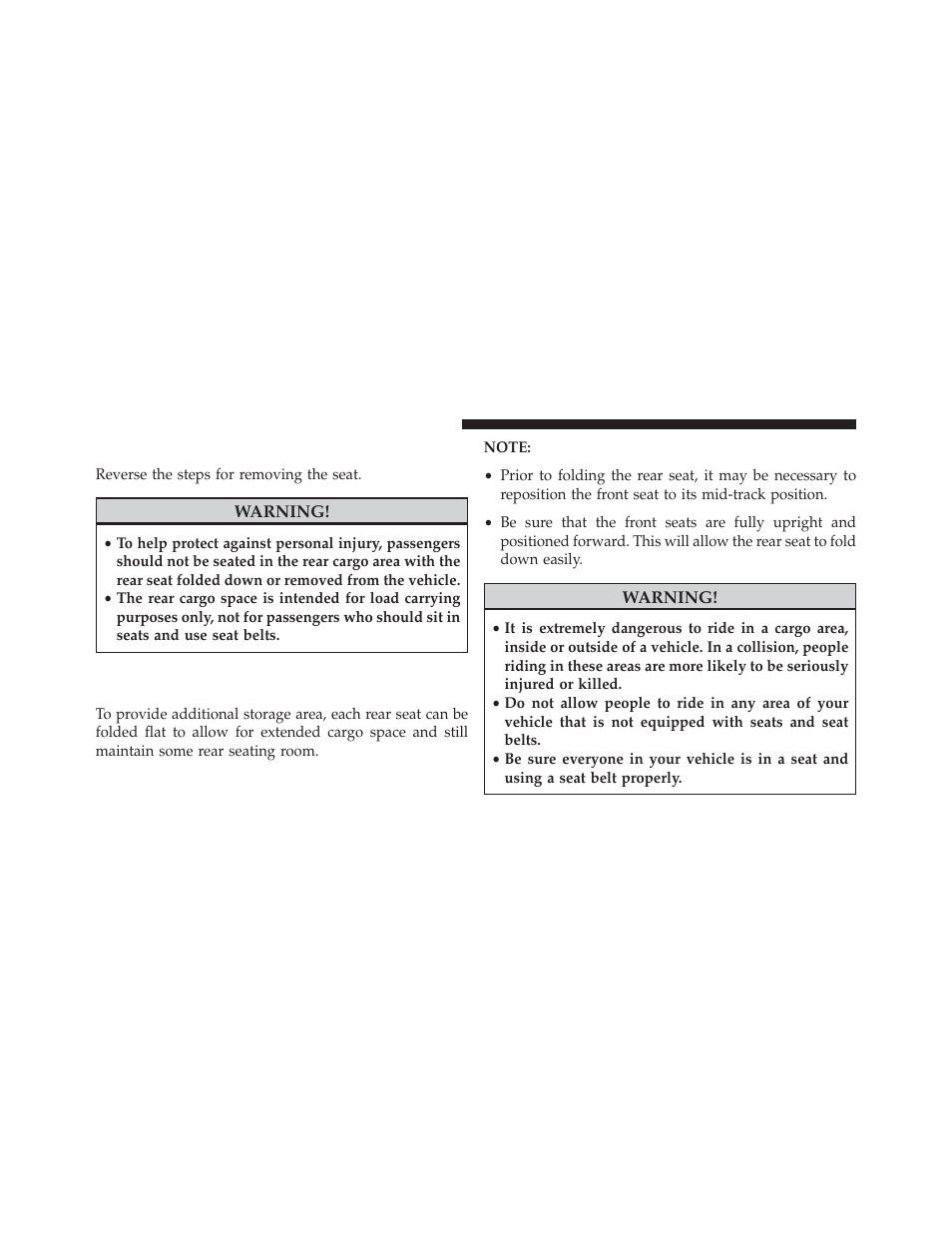 Replacing the rear seat — two-door models, 60/40 split folding rear seat — four-door models, Replacing the rear seat | Two-door models, 60/40 split folding rear seat — four-door, Models | Jeep 2013 Wrangler User Manual | Page 166 / 655