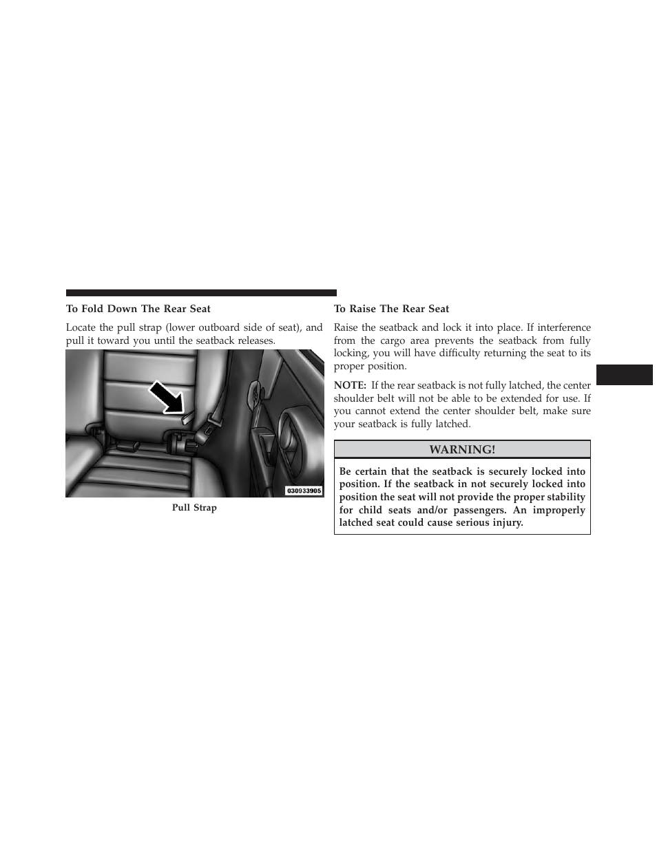 To fold down the rear seat, To raise the rear seat | Jeep 2013 Wrangler User Manual | Page 167 / 655