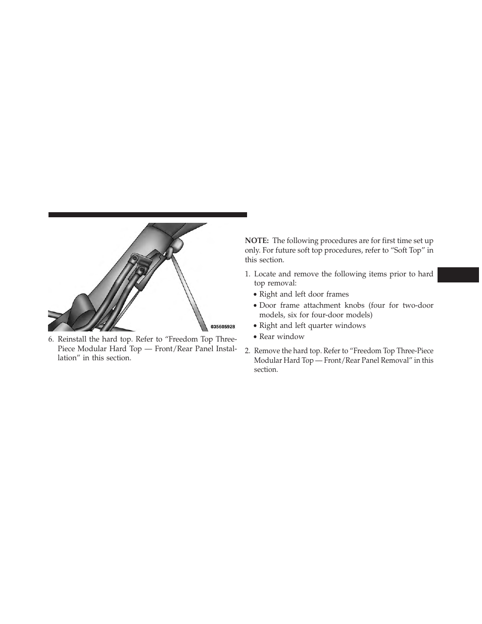 Installing the soft top — two-door models | Jeep 2013 Wrangler User Manual | Page 195 / 655