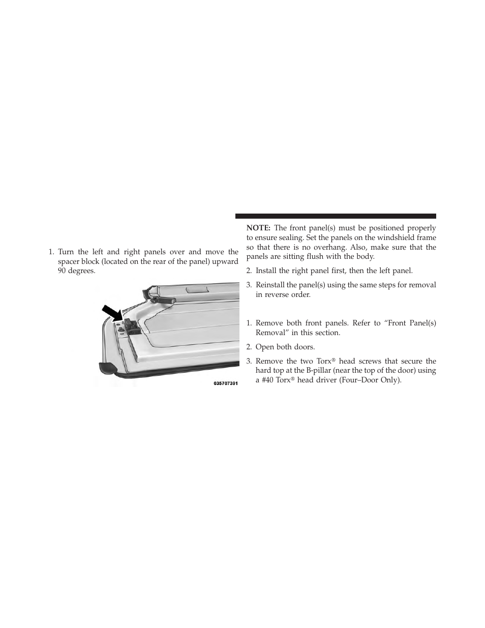 Rear hard top removal, Front panel(s) installation with rear hard, Top removed | Jeep 2013 Wrangler User Manual | Page 212 / 655