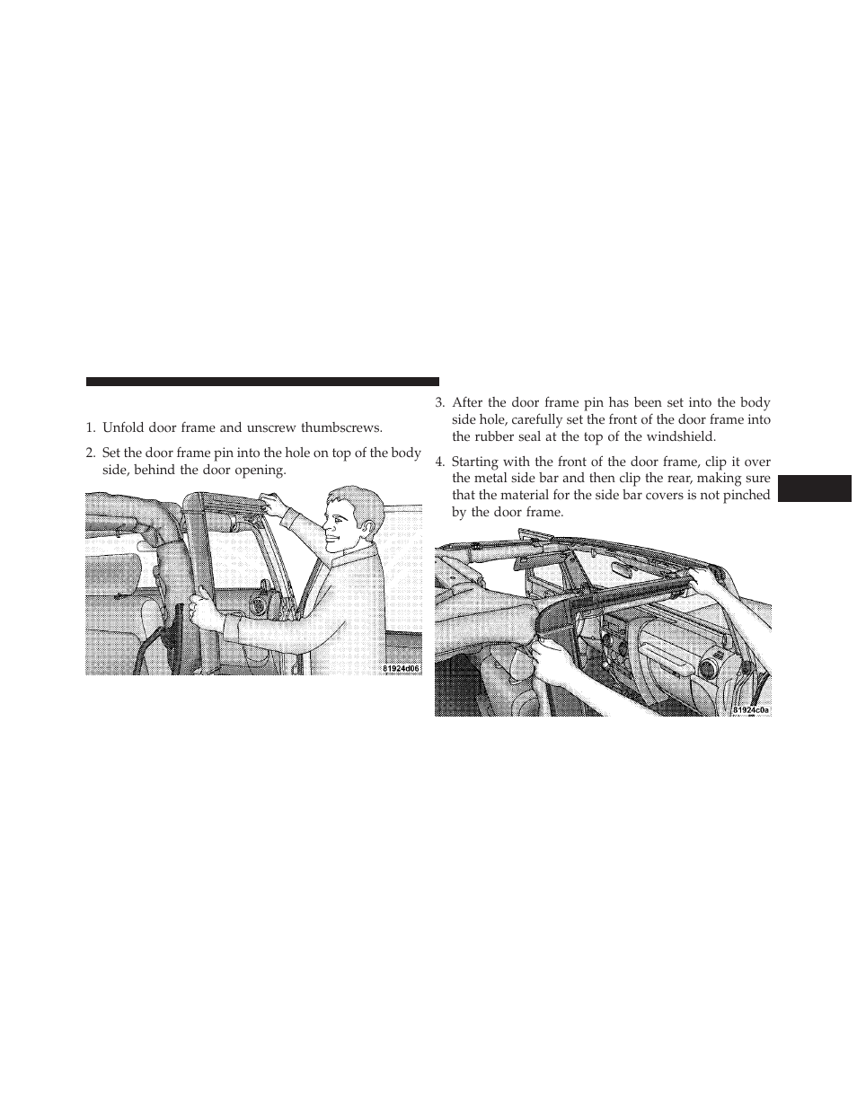 Door frame installation — two-door models, Door frame installation, Two-door models | Jeep 2013 Wrangler User Manual | Page 219 / 655