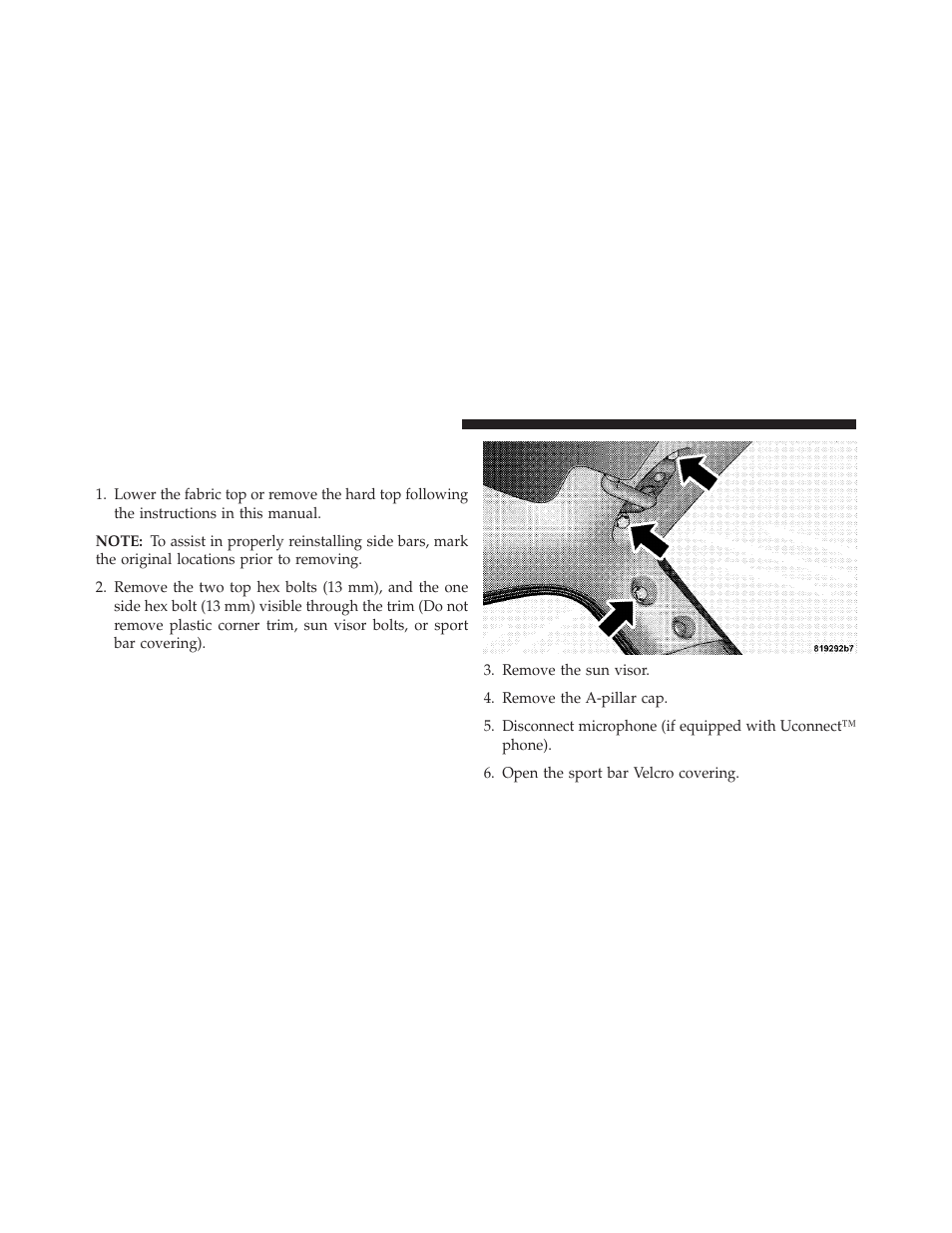 Lowering the windshield and removing side bars, Lowering the windshield and removing, Side bars | Jeep 2013 Wrangler User Manual | Page 290 / 655