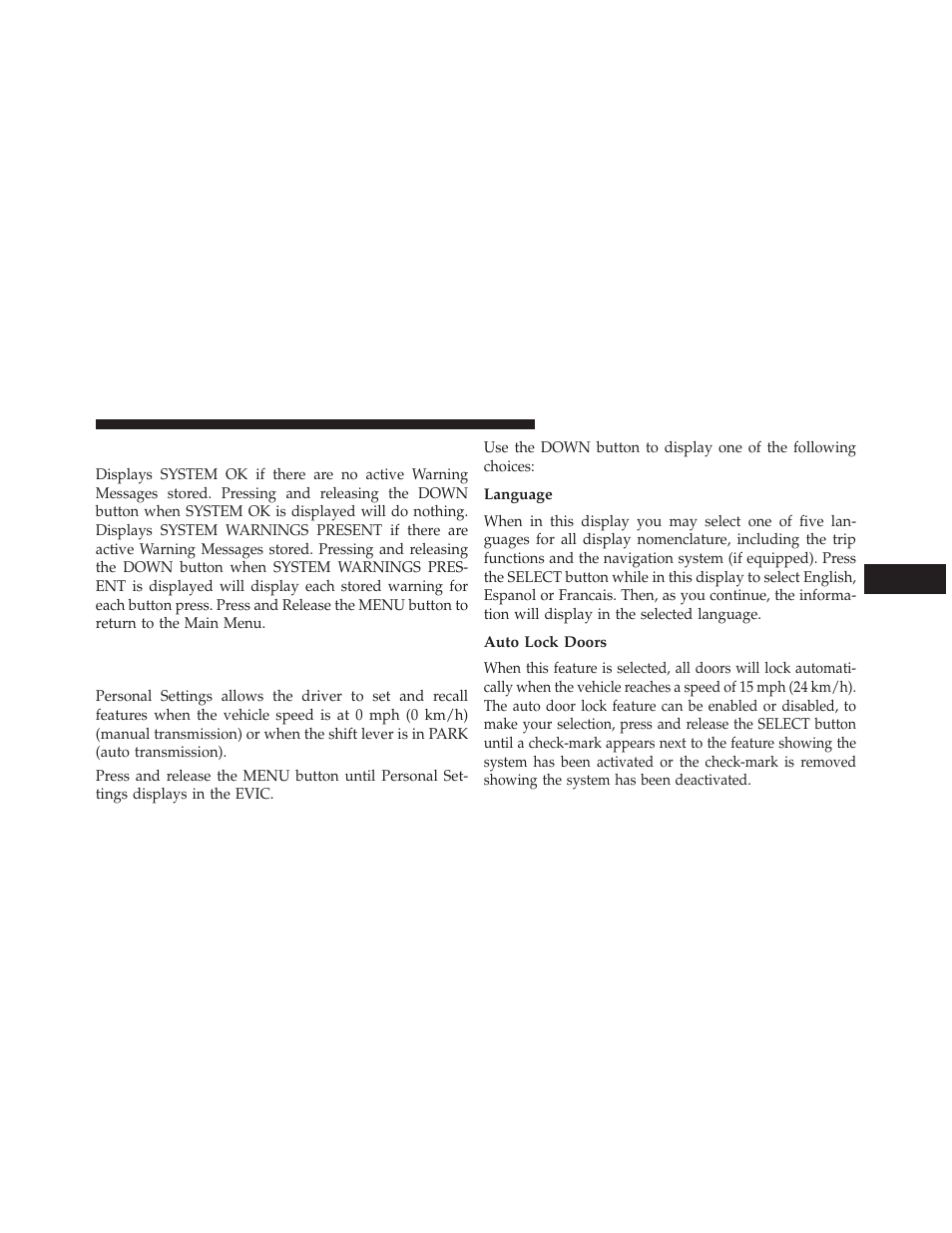 System status, Personal settings (customer-programmable features), Language | Auto lock doors, Personal settings (customer-programmable, Features) | Jeep 2013 Wrangler User Manual | Page 333 / 655