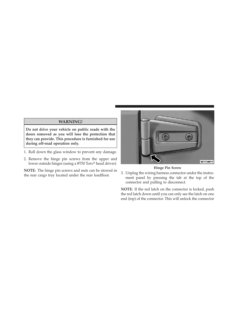 Front door removal | Jeep 2013 Wrangler User Manual | Page 34 / 655