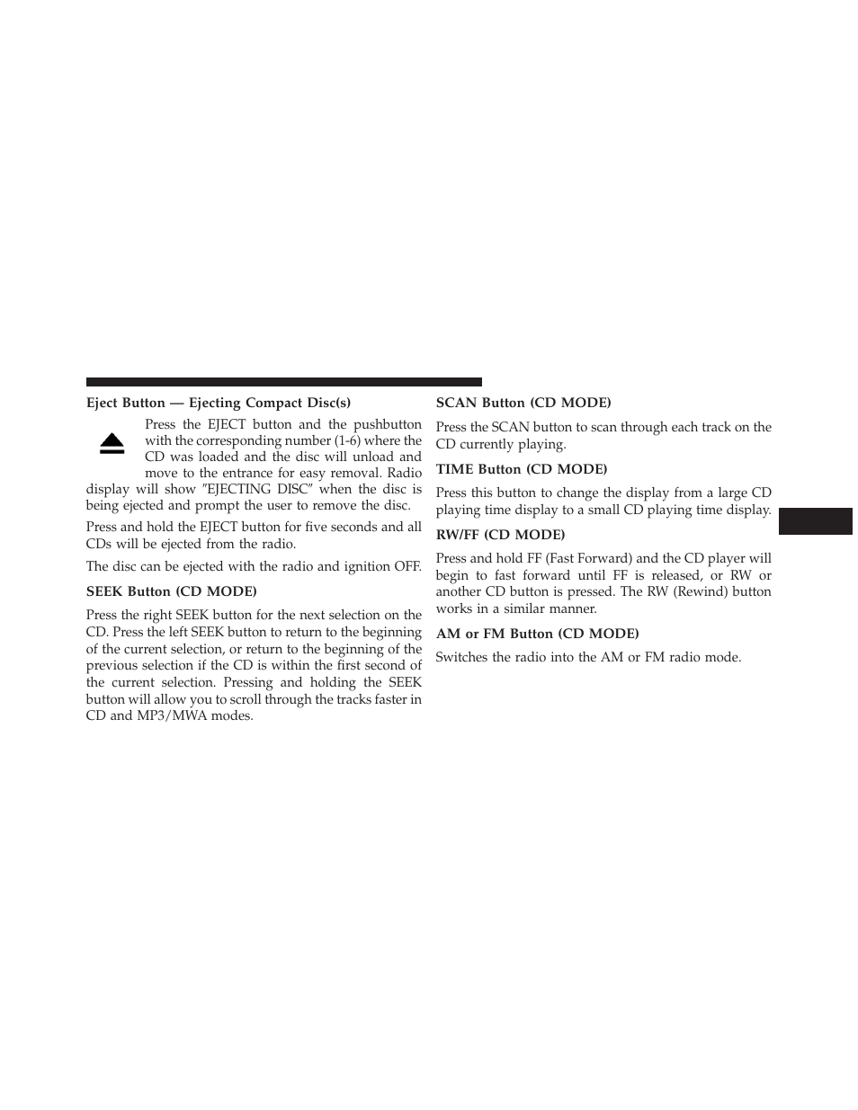 Eject button — ejecting compact disc(s), Seek button (cd mode), Scan button (cd mode) | Time button (cd mode), Rw/ff (cd mode), Am or fm button (cd mode) | Jeep 2013 Wrangler User Manual | Page 347 / 655