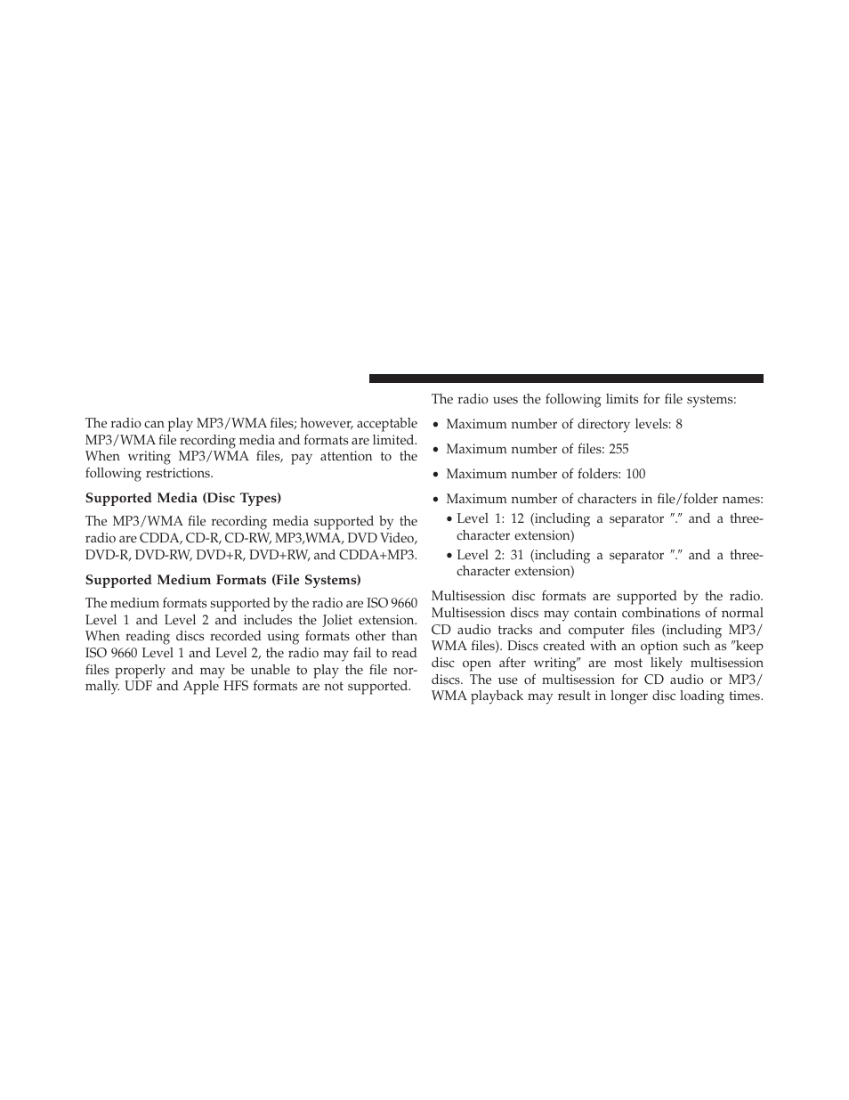Notes on playing mp3/wma files, Supported media (disc types), Supported medium formats (file systems) | Jeep 2013 Wrangler User Manual | Page 348 / 655
