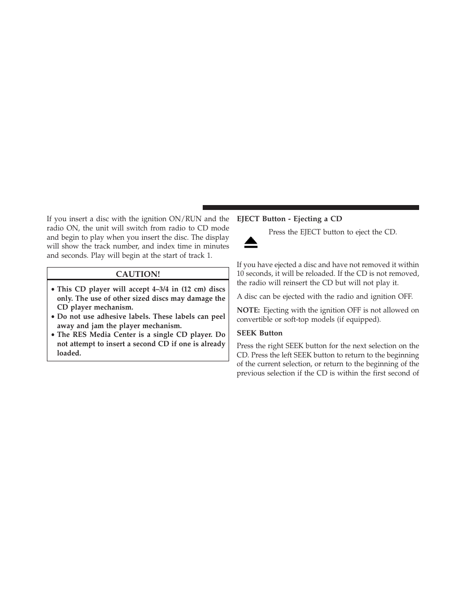 Eject button - ejecting a cd, Seek button | Jeep 2013 Wrangler User Manual | Page 362 / 655