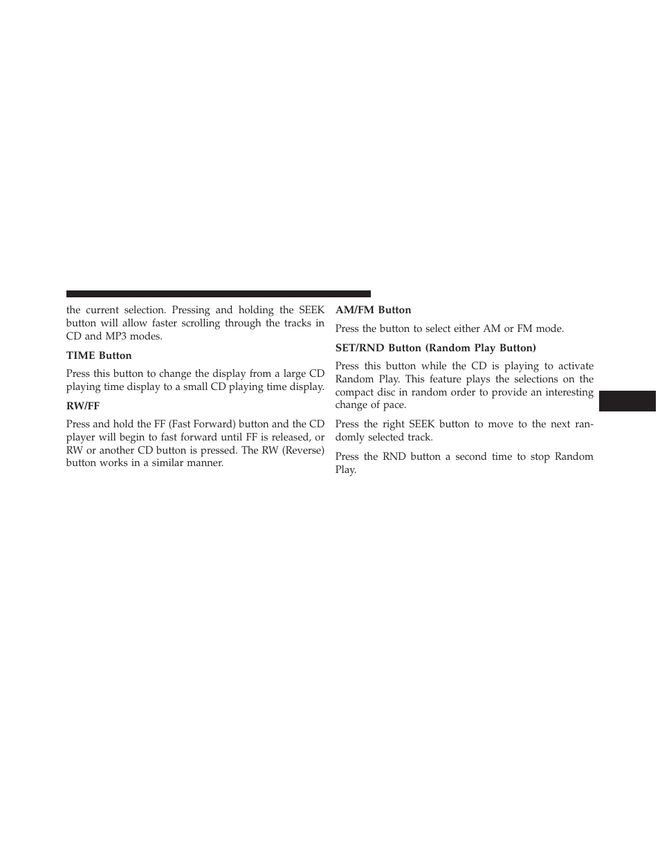 Time button, Rw/ff, Am/fm button | Set/rnd button (random play button) | Jeep 2013 Wrangler User Manual | Page 363 / 655