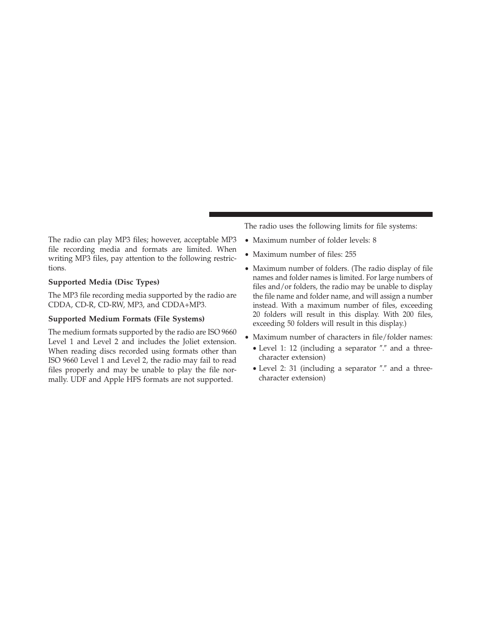 Notes on playing mp3 files, Supported media (disc types), Supported medium formats (file systems) | Jeep 2013 Wrangler User Manual | Page 364 / 655