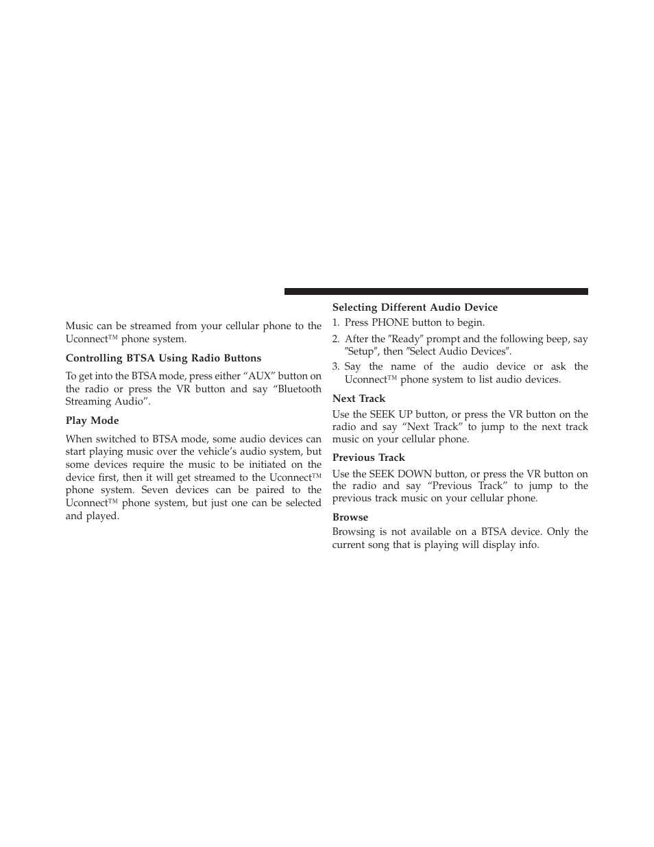 Bluetooth streaming audio (btsa), Controlling btsa using radio buttons, Play mode | Selecting different audio device, Next track, Previous track, Browse | Jeep 2013 Wrangler User Manual | Page 390 / 655